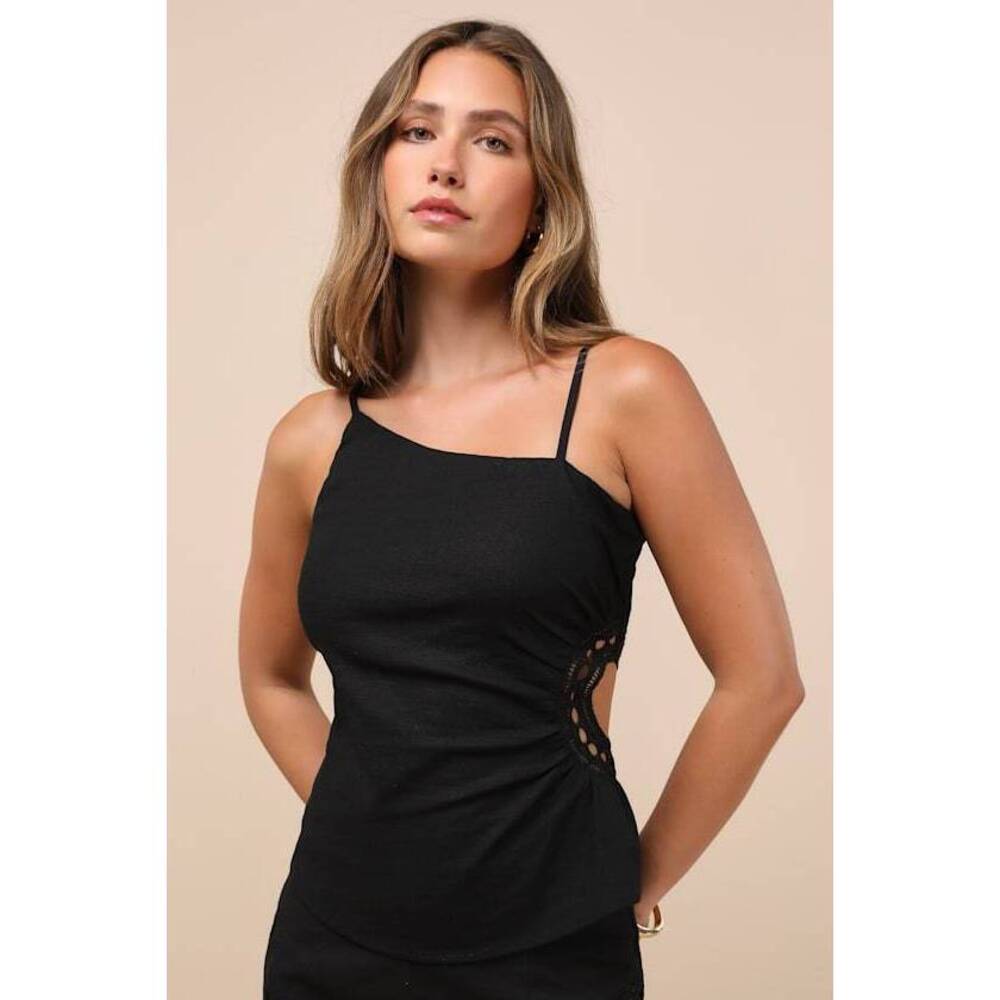 Lulus Mahsa Black Crochet Embroidered Asymmetrical Tank Top - Size L
